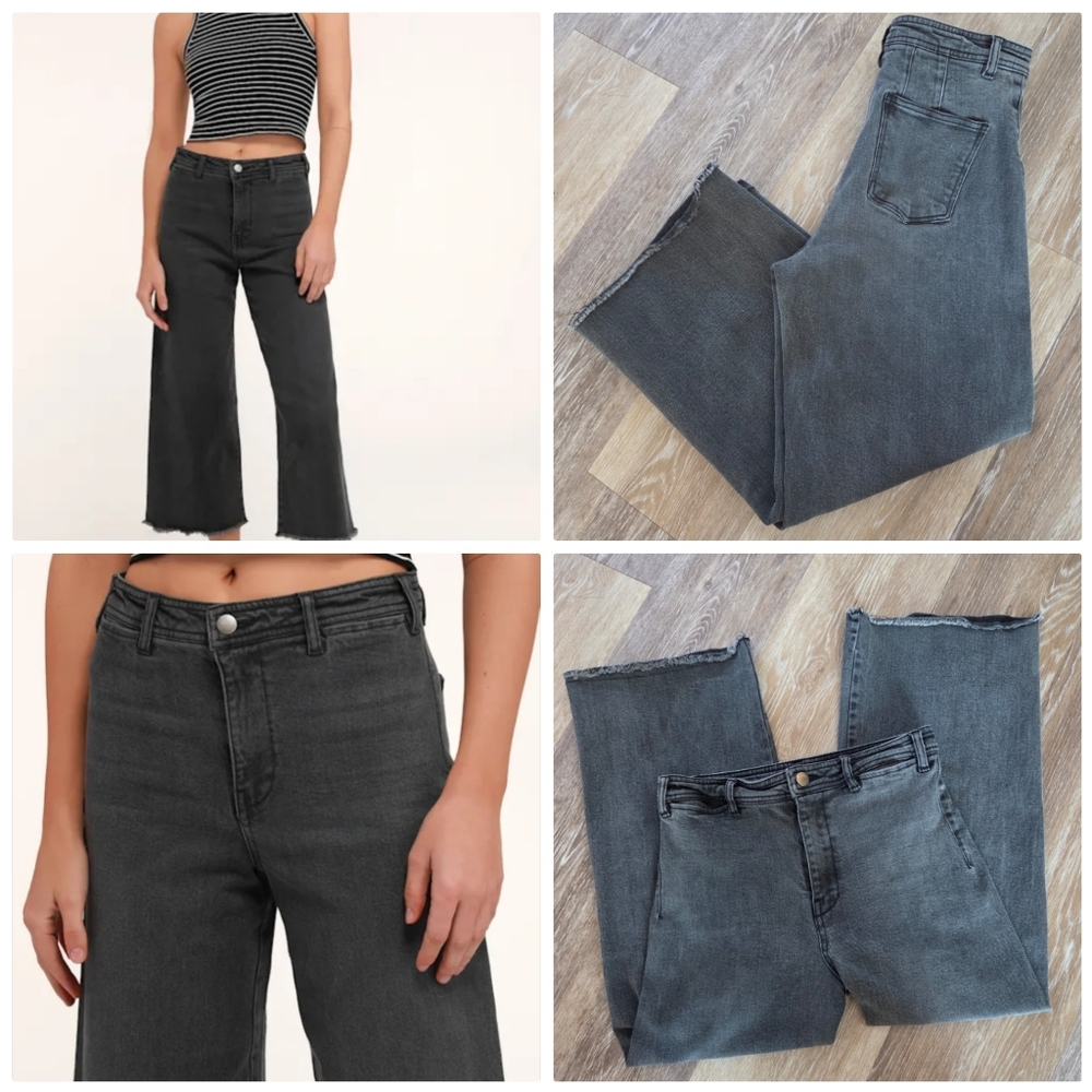 Lulu's Black High Waist Cropped Wide Leg Flare Jeans Raw Hem High Rise Sz 26